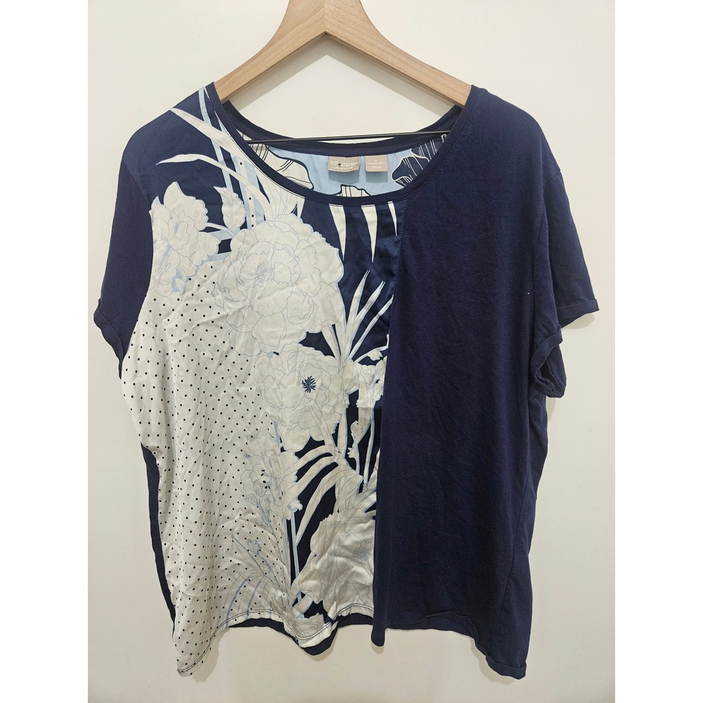 Chicos Zenergy Navy Blue Floral Polka Dot Mixed Media Top Size 4 US 20/22 XL XXL